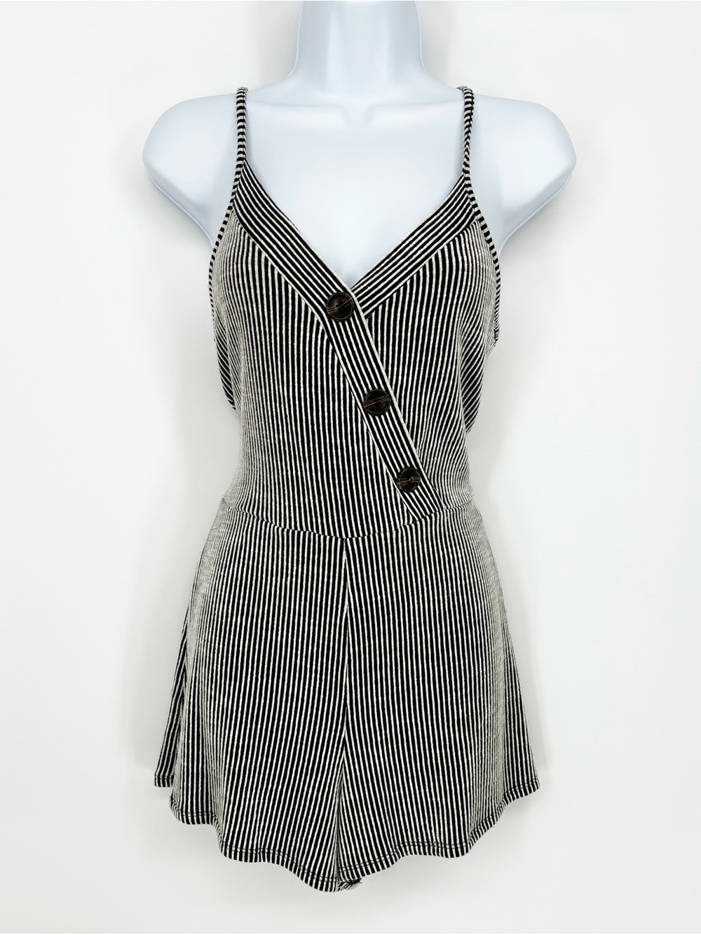 Caution To The Wind Black White Striped Button Faux Wrap Cami Romper Size M